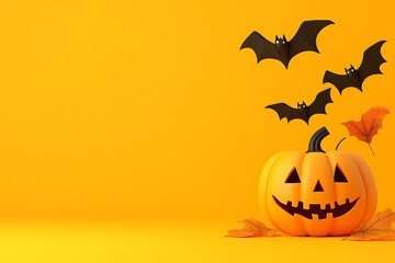 Naklejka premium Halloween-themed pumpkin with bats and autumn leaves on a vibrant yellow background