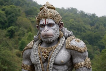 Ape Like Creature in Golden Ornamentation Against a Blurred Green Background