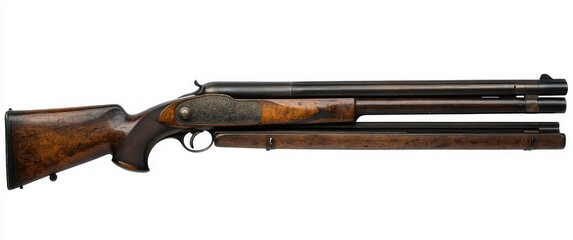 Side view of an antique double-barrel shotgun with wooden stock and intricately engraved metal receiver