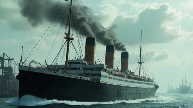 A ship like the Titanic features grand architecture, multiple decks, elegant smokestacks, and a luxurious design reminiscent of early 20th-century ocean liners.
