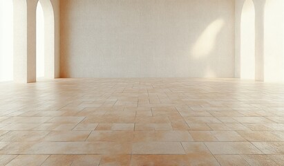 Empty room with large beige tiled floor and curved archways on both sides letting in soft natural light, creating a calm and spacious atmosphere