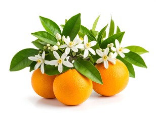 Three bright orange fruits with green leaves and white flowers are arranged against a clean white backdrop