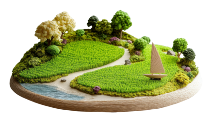 Detailed miniature ama featu lush green meadow, trees, sailboat, and winding path on white backdrop.