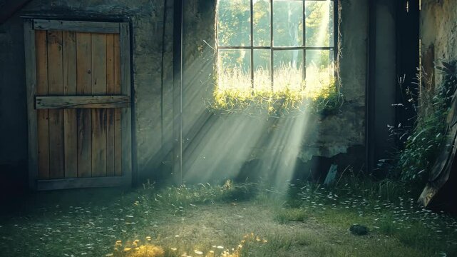 Sunbeams illuminate a derelict building's interior, overgrown with plants and wildflowers, showcasing a rustic wooden door and a window revealing a verdant landscape