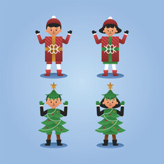 cute human cartoon characters wearing gift and christmas tree outfits
