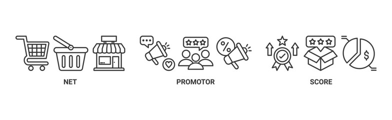 NPS banner web icon vector illustration concept for net promotor score with icon of shopping, customer, rating, like, premium, and store