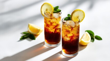 Fototapeta premium Refreshing iced tea drinks garnished with lemon slices and mint