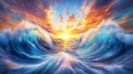 Majestic Ocean Waves at Sunset: A Breathtaking Panorama