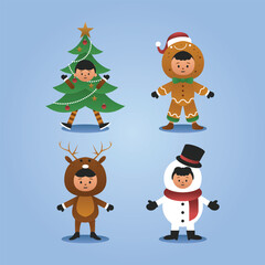 cute human cartoon characters wearing deer, ginger beard, snowman and tree outfits