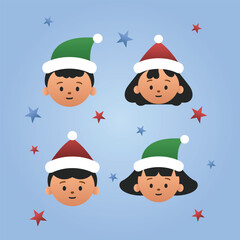 Christmas-themed boy and girl cute face cartoon characters