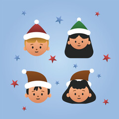 Christmas-themed boy and girl face cartoon characters