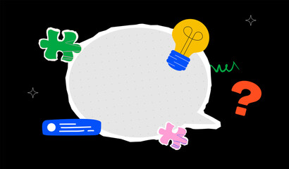A vibrant cut out collage of a huge textured speech bubble, puzzle pieces, a light bulb, doodles and a question mark. A stylized notification or memo design template.