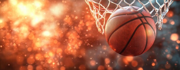 Close-up of a basketball passing through a white net against a glowing bokeh background with warm amber and orange tones