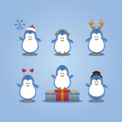 Set christmas penguin cartoon characters in various style poses