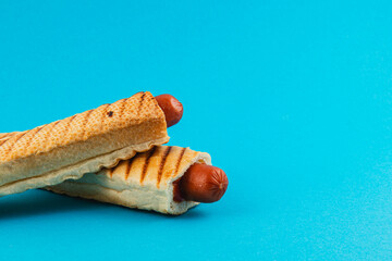Grilled hot dogs in crispy bread on blue background