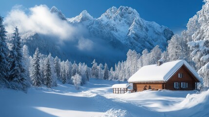 Snowy log cabin in a tranquil winter wonderland setting with mountains