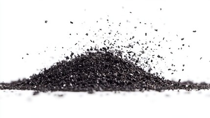 Fototapeta premium Dark powder pile explodes in fine particles on white background