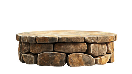 Fototapeta premium A circular stone platform constructed with rugged textured rocks rests isolated against a plain white background.