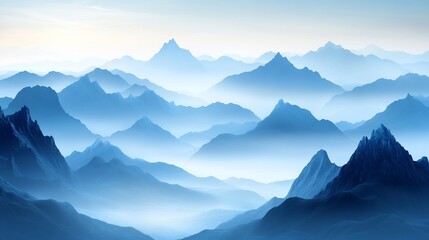 Misty Mountain Vista: A Serene Landscape of Layered Peaks in Soft Blues
