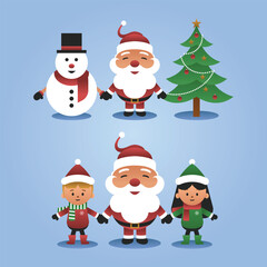 cartoon character santa claus with children, snowman and Christmas tree