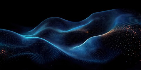 Abstract flowing wave of glowing blue and orange digital particles creating a complex 3D mesh pattern on a black background conveying futuristic technology and fluid dynamics