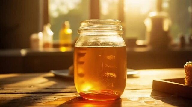 Golden honey glistens inside the glass jar, catching the sunlight as it sits on the table.
