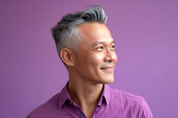 Visual idea of style for aging men. Fashionable men's low fade haircut - midlife southeast asian man with middle hair. Purple solid background. A dynamic male posing with grace and charm.