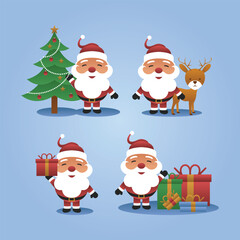 santa claus cartoon character set with friends and gifts