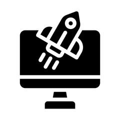 Computer screen with rocket representing project launch