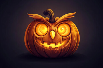Illuminated pumpkin with owl features, showcasing Halloween spirit against a dark background