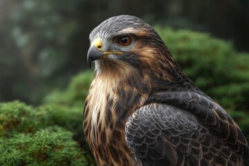 Obraz premium Hawk Portrait Close-up with Natural Greenery Background