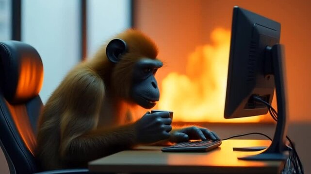 Monkey sitting at a desk with a cup, working on a computer in a cozy, warm-lit room

