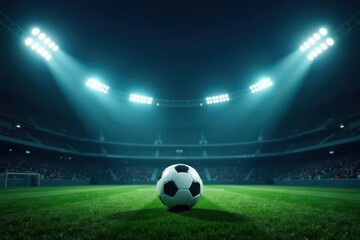 A solitary ball rests center field, stadium lights illuminating the empty green expanse, awaiting the thrill of competition.