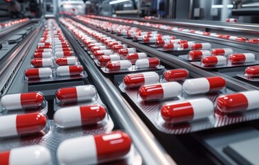 Rows of red and white capsules packaged in blister packs moving on a conveyor belt in a pharmaceutical production line under bright industrial lighting