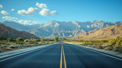 Naklejka premium Desert highway vanishing into majestic mountains under sunny skies, travel brochure