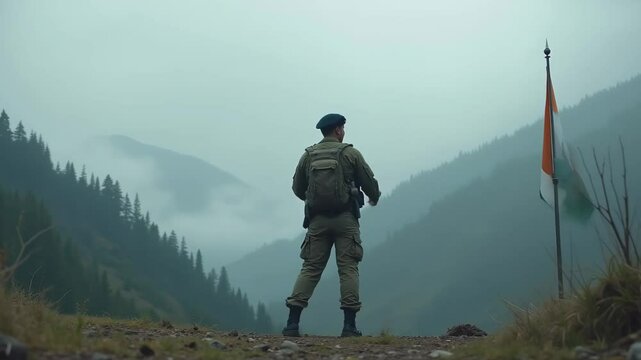 A male soldier in camouflage stands facing a raised Indian flag, amidst a foggy forested mountain backdrop. The scene underlines themes of patriotism and nature's grandeur, evoking a thoughtful