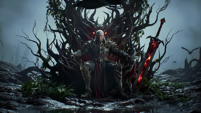 Dark Fantasy Ruler on Thorn Throne with Glowing Sword