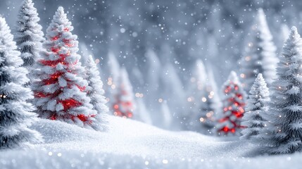 Snowy landscape with red Christmas trees and falling snowflakes on a white winter background.