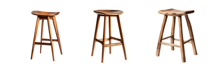 set of rustic wooden bar stools in a setting. isolated on transparent background