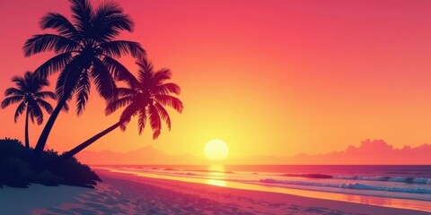 Serene Coastal Sunset Palm Trees Silhouetted Against Vibrant Sky and Ocean Waves on Sandy Beach
