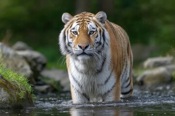 Tiger Walking Through Shallow Water Towards the Camera