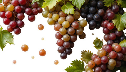 Obraz premium Elegant spread of red, green, and black grapes with textured leaves on a white backdrop, studio lighting, ultra-HD with soft natural shadows.