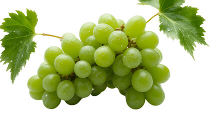 Obraz premium Perfectly ripened bunch of green grapes with dewy leaves, isolated on a white background, ultra-high definition, clean and natural look.