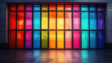 Colorful glass wall, city reflection, night, vibrant, modern building, backdrop, design