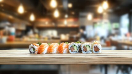 Delicious Sushi Platter on Wooden Table in a Blurred Restaurant Background