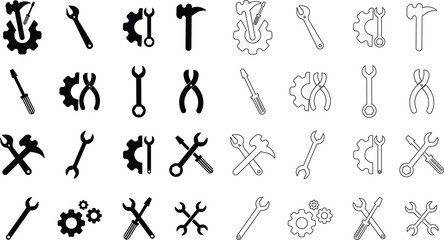 Repair tools and service icon set. Wrench, screwdriver and gear setting vector collection isolated on transparent background. Spanner perfect for diy crafting, and repair projects glyph symbol.