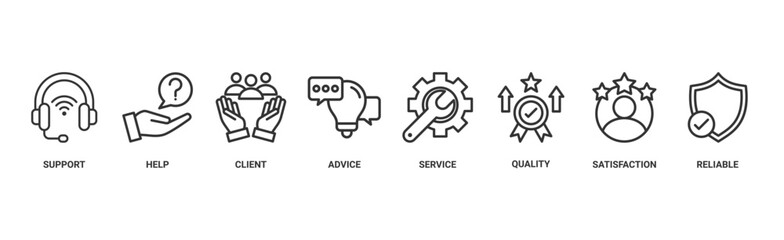 Customer care banner web icon vector illustration concept for customer support and telemarketing service with an icon of help, client, advice, chat, service, reliability, quality, and satisfaction 