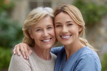 Obraz premium Smiling Senior Woman Embracing Younger Woman Caregiver
