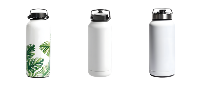 set of blank insulated water bottles with different designs. isolated on transparent background
