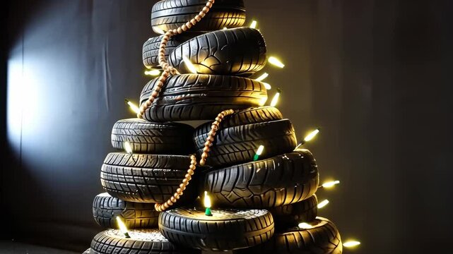 Christmas tree made of car tires and wheels on black background with copy space. Festive new year's video for car and tires business and car service organizations.